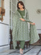 Olive Green Pure Cotton Floral Printed A-line Kurta with Pant & Dupatta Set